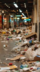 Many bags of garbage on the floor of a store, excessive packaging waste in shopping areas
