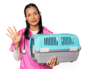Young Filipina vet holding pet carrier smiling cheerful showing number five with fingers.