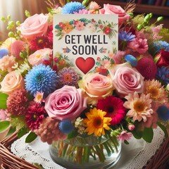 A heartfelt Get Well Soon card nestled among a vibrant collection of fresh flowers in a vase