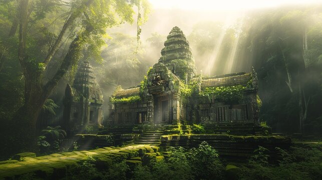 Ruin of ancient temple in deep tropical rainforest.