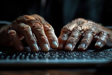 Aging hands with visible wrinkles are typing on a laptop keyboard, emphasizing the human aspect of technology