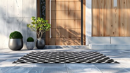 A stylish welcome mat with a bold pattern laid out in front of a modern wooden door