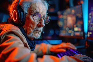 Obraz premium Detailed shot of gamer's hands on a keyboard, backlit by neon lighting in a gaming environment