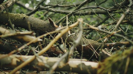 Trim branches of fallen trees on the forest floor