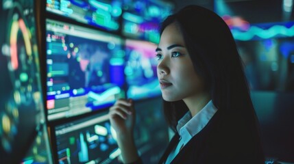 Fototapeta premium portrait female person entrepreneur working using modern technology coding.