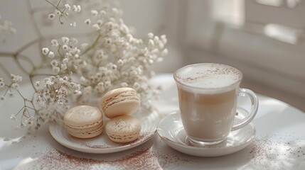 A cup of coffee macarons gypsophila flowers on a table
