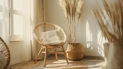 A wicker chair with a wicker seat boho room decor
