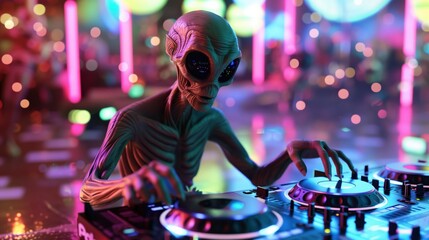 Alien DJ spinning futuristic beats at a glowing nightclub, blending extraterrestrial vibes with a neon-lit ambiance for an out-of-this-world party.