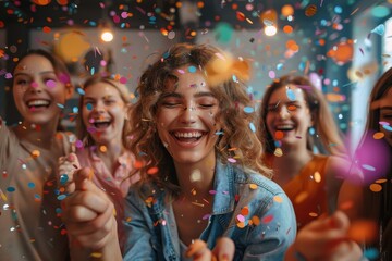 A group of dynamic friends covered in confetti, enjoying a playful and joyous moment together