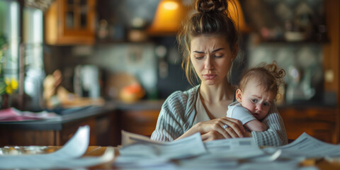 A stressed mother sat in a modern kitchen holding her baby and worrying about how to pay the latest bills