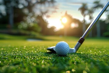 A golf ball is positioned on a tee with a club behind it, ready for a swing at sunset on a golf course