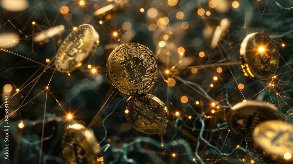 Poster golden bitcoin cryptocurrency coins in a network - a close-up of golden bitcoin cryptocurrency coins