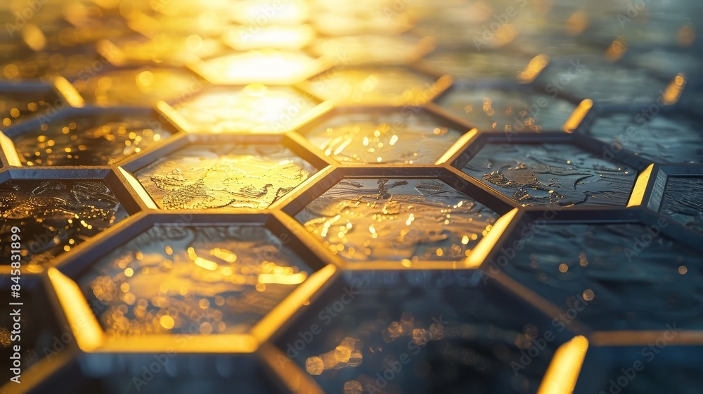 Poster abstract geometric pattern with golden highlights - a close-up shot of a hexagonal pattern with a go
