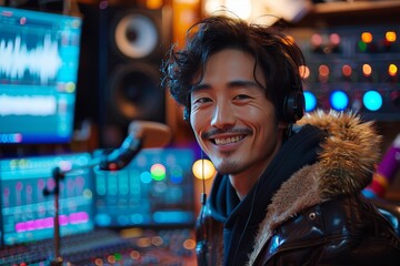 Portrait of a cheerful man  working at a radio station, DJ, entertainment concept