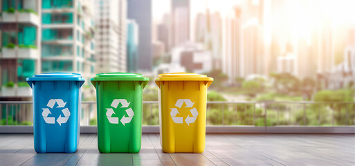 social banner, recycling bins in vibrant colors, set against city buildings, symbolizing urban initiatives for environmental sustainability, effective waste segregation,copy space