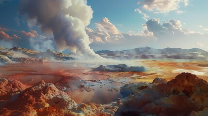 A surreal landscape of colorful geothermal pools steaming against a backdrop of barren, volcanic terrain