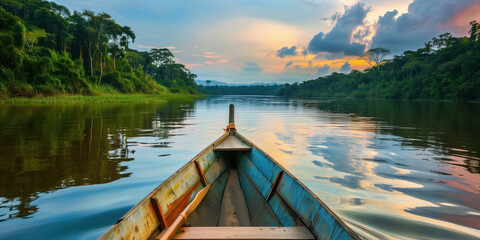 Naklejka premium A traditional boat travelling down the Amazon River in the rain forest 