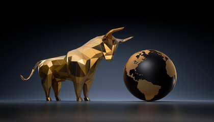 Isolated golden bull with earth globe on dark blue backdrop, 3D illustration