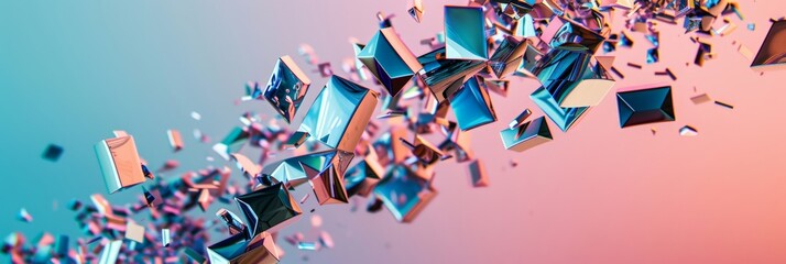 Abstract 3D Explosion of Geometric Shapes on Gradient Background