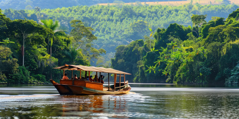A traditional boat travelling down the Amazon River in the rain forest 