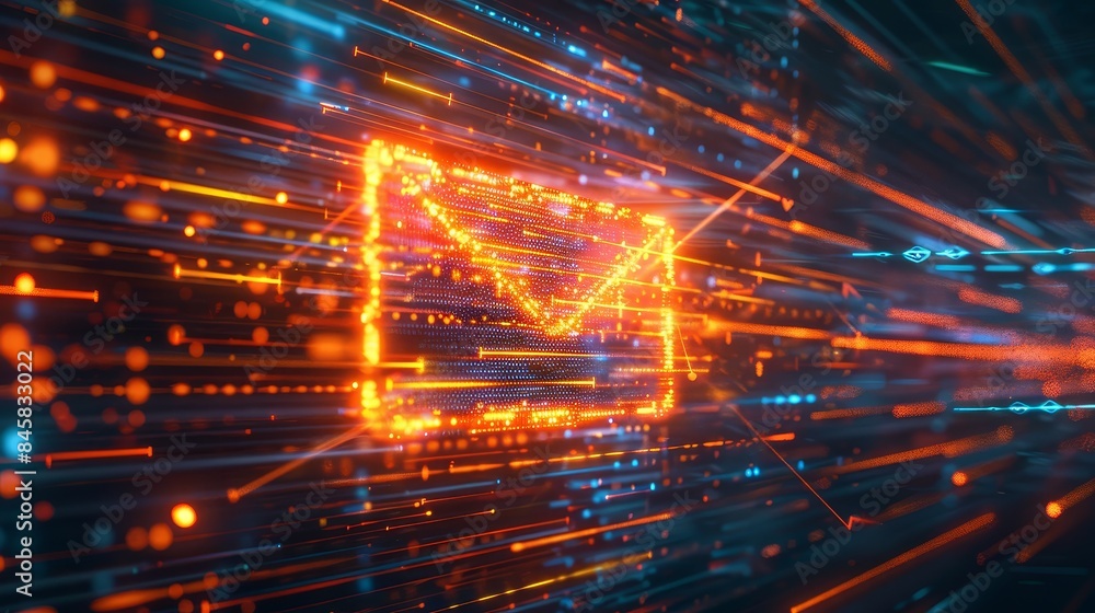Poster digital mailbox in a cybernetic landscape - a glowing email icon is displayed in a futuristic digita