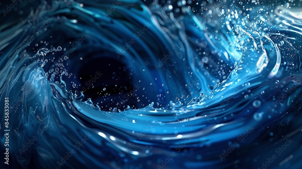 Poster blue liquid swirling with bubbles - close-up view of a swirling blue liquid with bubbles, creating a