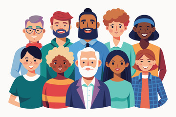 A colorful cartoon illustration depicting a diverse group of smiling people standing together, representing unity and inclusion.