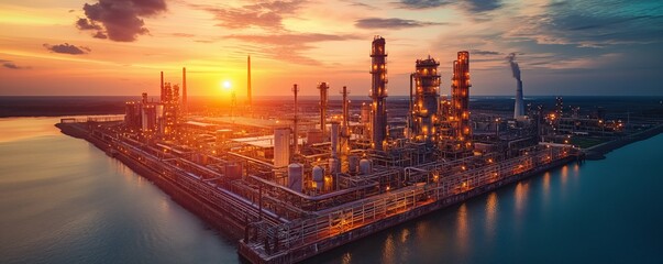Illuminated petrochemical plant at twilight
