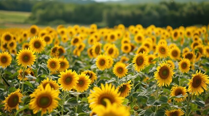 Sunflowers Blooming in a Lush Field - A field of sunflowers in full bloom, their bright yellow petals facing the sun. The background features a soft, green blur, creating a sense of depth 