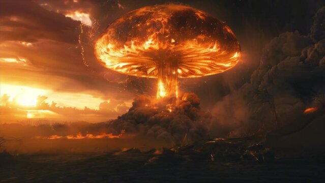Fire mushroom cloud after nuclear explosion. Atomic bomb blast. Deserted land. Apocalypse, world war