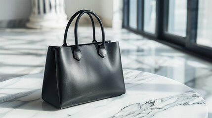 Black leather handbag on marble surface in sunlight