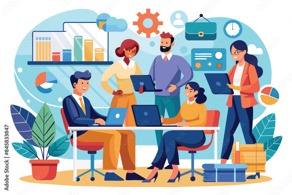 Poster an illustration of a team of diverse office workers collaborating on a project while using laptops a