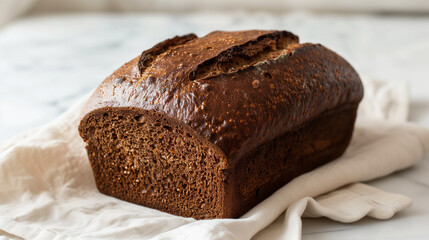 Closeup of freshly baked brown bread on white cloth