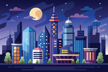 Fototapeta premium A digital illustration depicting a modern city skyline at night. The image features a full moon and several tall skyscrapers. The illustration is done in a flat, cartoon style.