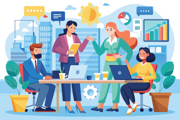Naklejka premium A diverse team of four business professionals work together in a modern office space, collaborating on projects and discussing ideas.