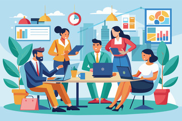 An illustration depicting a modern office meeting with four business professionals gathered around a table, working on laptops and discussing ideas.