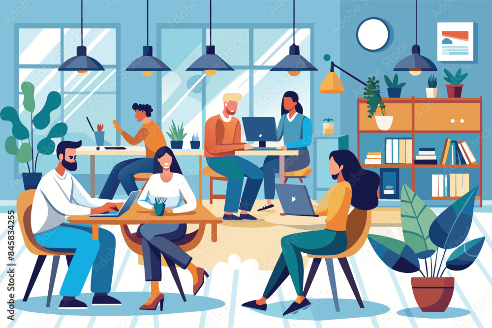 Poster a group of diverse office workers collaborate on projects while working on laptops in a modern offic