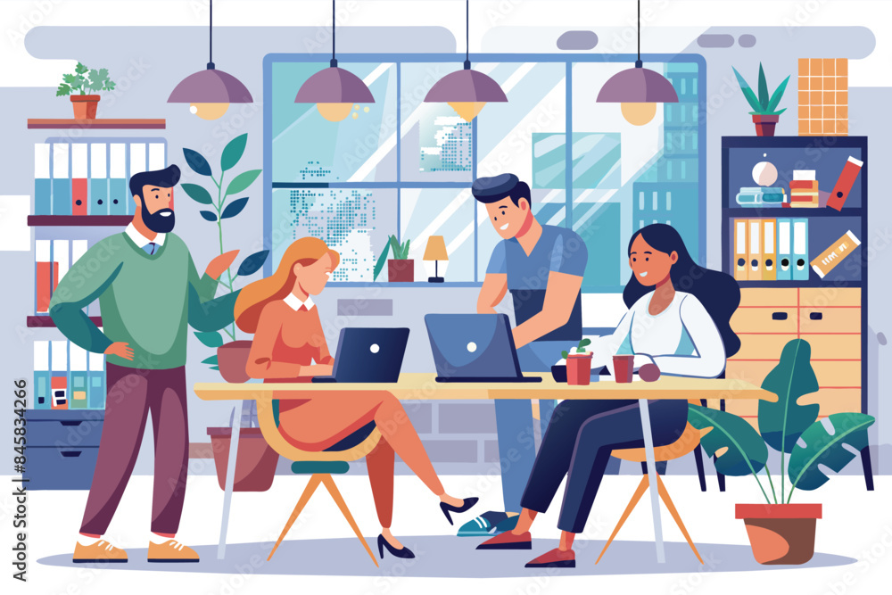 Poster an illustration depicting four individuals working on laptops in an office setting. they appear to b