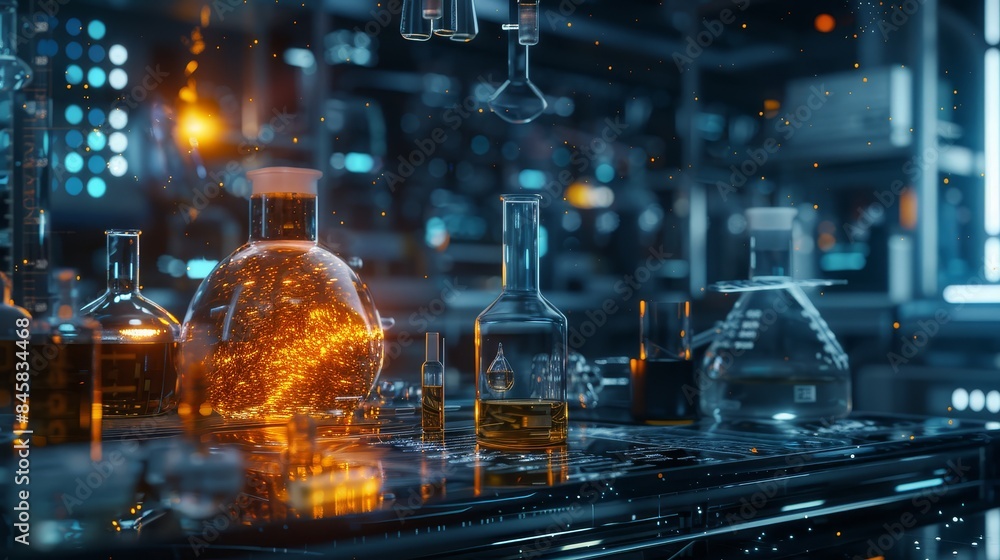 Poster a science laboratory with glowing chemicals - a close-up of a science laboratory with glowing chemic