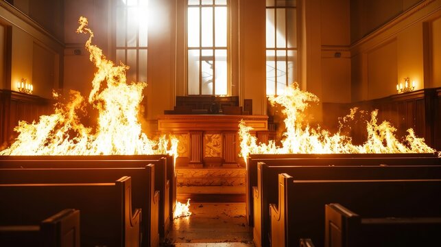 Church on Fire: A Dramatic Scene - A fiery inferno engulfs the pews of a church, creating a dramatic and unsettling scene.