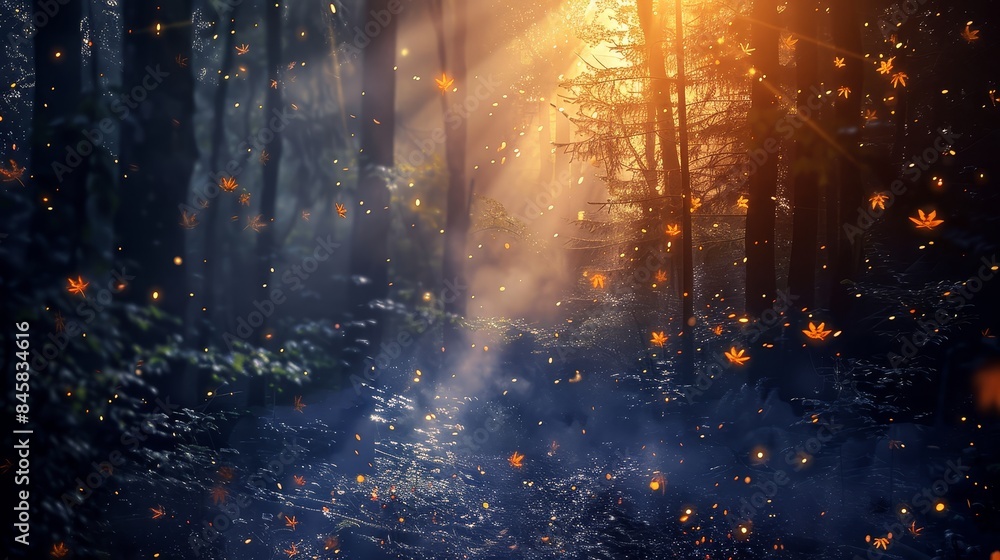 Poster enchanted forest with falling leaves and golden light - a mystical forest scene with golden light fi