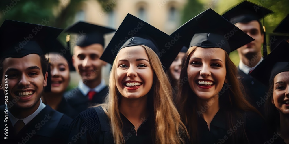 Wall mural Graduates in Caps and Gowns Celebrate with Smiles During College Graduation. Concept Education, Graduation, Caps and Gowns, Celebration, College