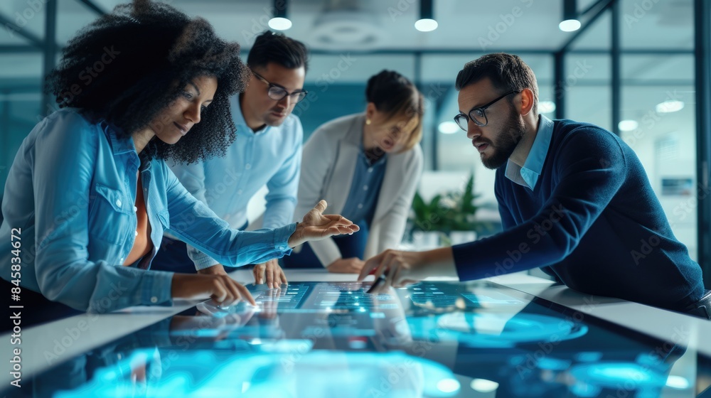 Aufkleber an engaged team of experts interacts with a futuristic digital interface during a strategy session i