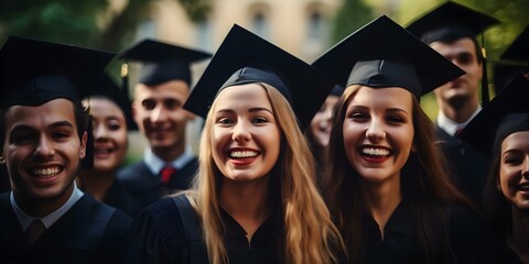 Obraz premium Graduates in Caps and Gowns Celebrate with Smiles During College Graduation. Concept Education, Graduation, Caps and Gowns, Celebration, College