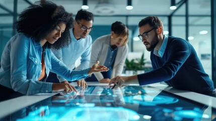 An engaged team of experts interacts with a futuristic digital interface during a strategy session in a contemporary office. AIG41
