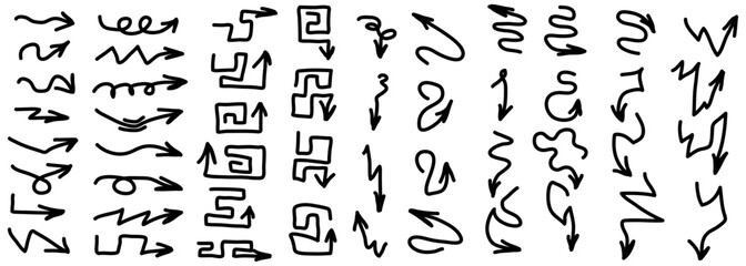 Hand drawn arrow icon vector set. Doodle sketch arrow icons with various directions set. Flat cartoon line design elements collection isolated on a white background. Vector illustration