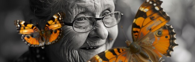 an elderly woman happy with butterfly wings and butterflies