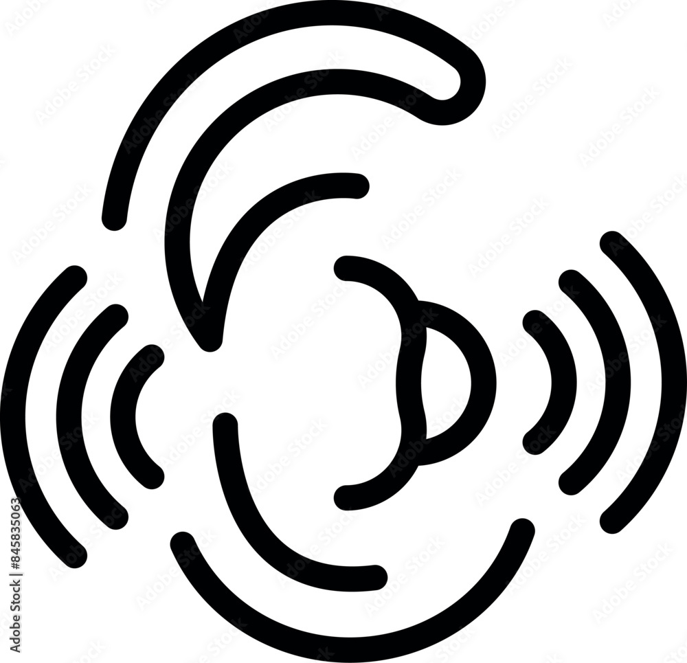 Poster black and white icon of a sound wave detection system with waves radiating from an ear shape
