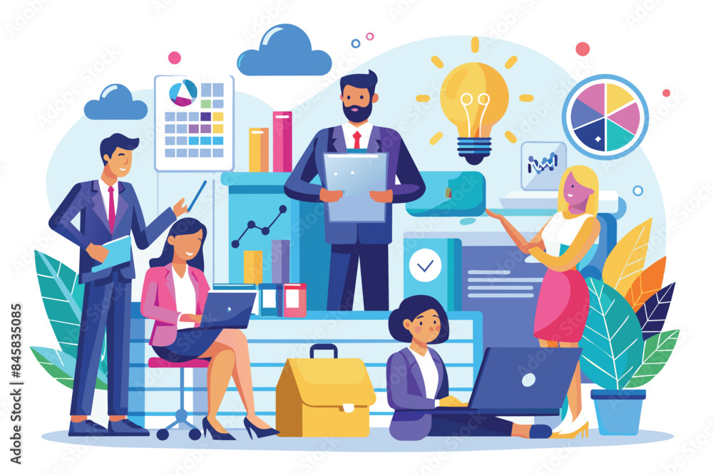 Poster a group of business professionals are working together on a project during a meeting. they are colla