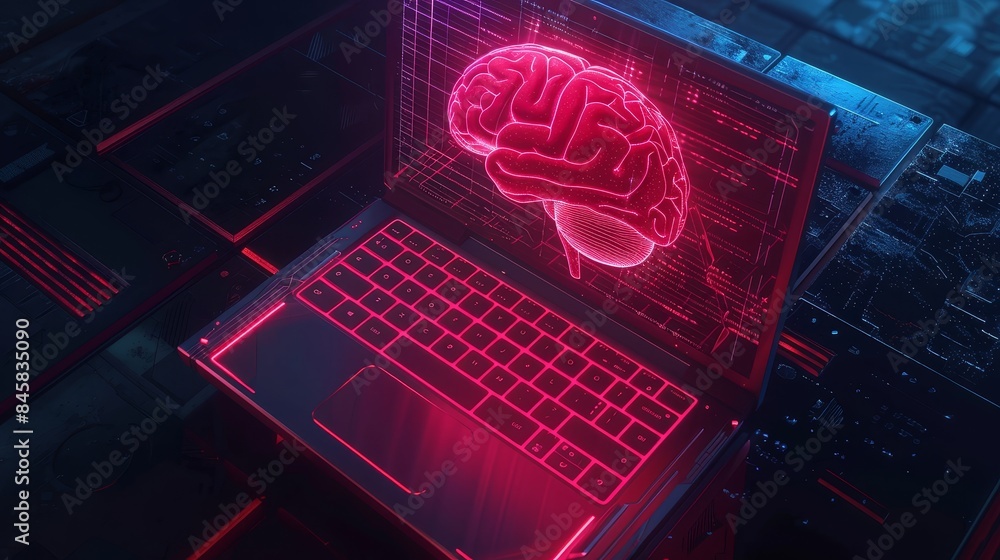 Aufkleber digital brain on a laptop screen - a 3d rendering of a glowing digital brain on a laptop screen in a